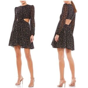 NWT Ieena Mac Duggal 55432 Close Neck Bow Waist Cut Out Dress Long Sleeve 0